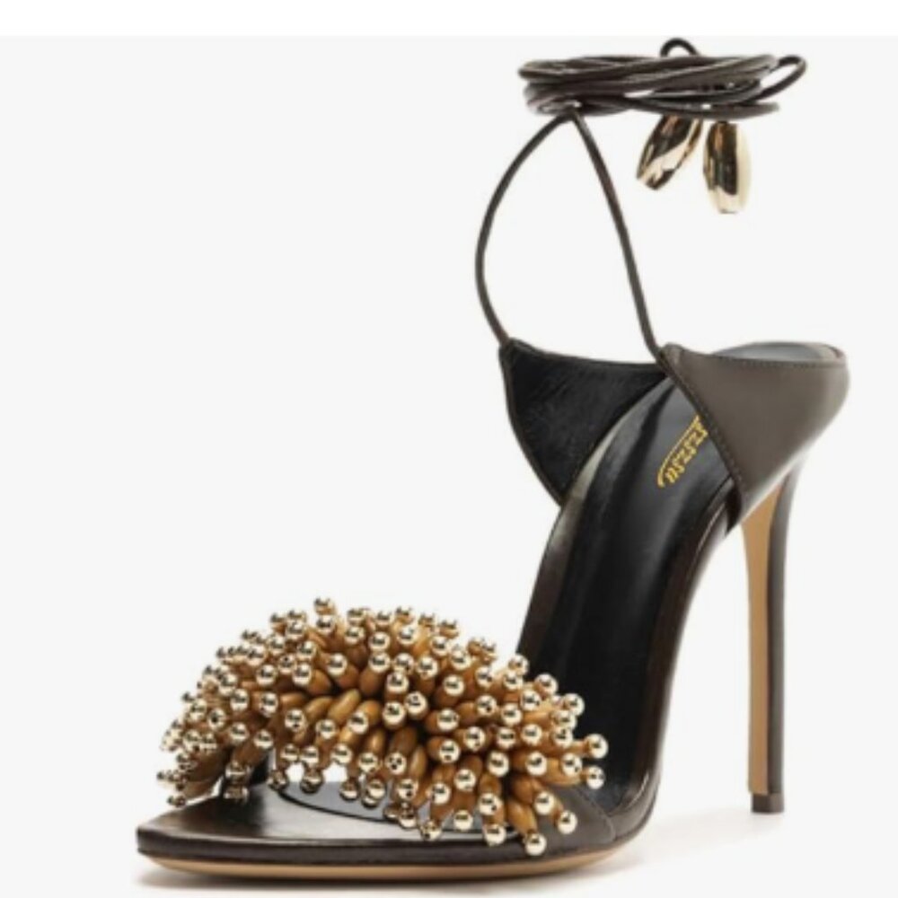 Zszszsu Grey Open Pointed Toe Fashion Sandals Stiletto High Heels Self-tie Shoes